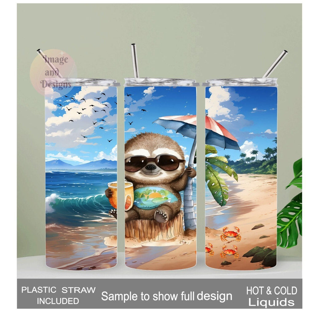 Colorful Beach Sloth Tumbler 20oz With Reusable Straw, Can Be Personalized
