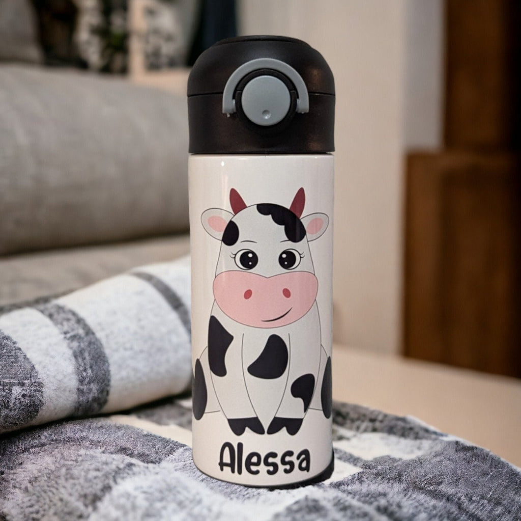 Kids Cow Water Bottle 12oz With Reusable Straw Can Be Personalized