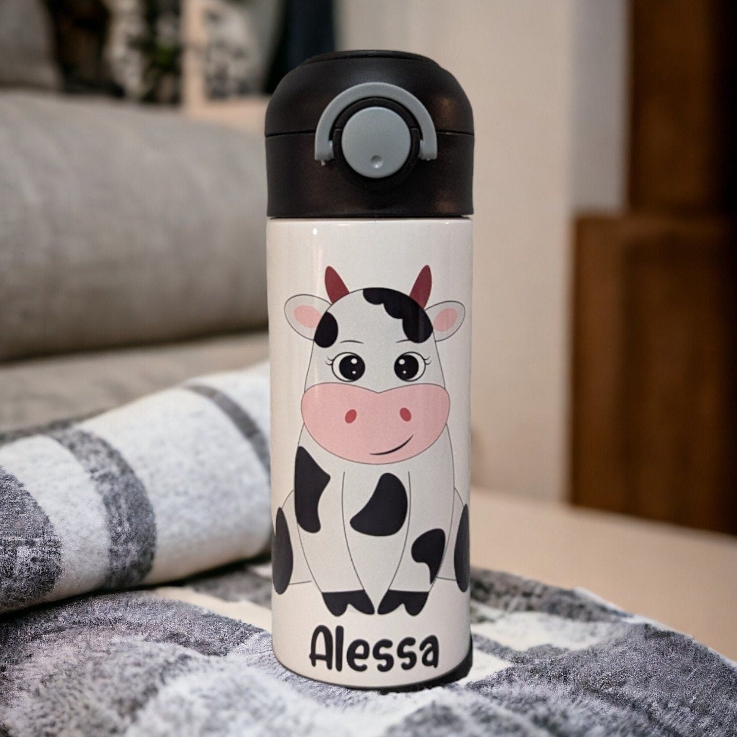 Kids Cow Water Bottle 12oz With Reusable Straw Can Be Personalized