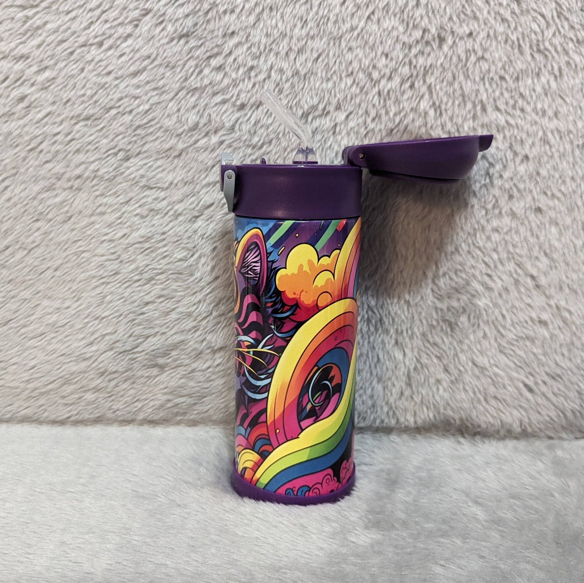 Kids Colorful Tiger Water Bottle 12oz With Reusable Straw Can Be Personalized