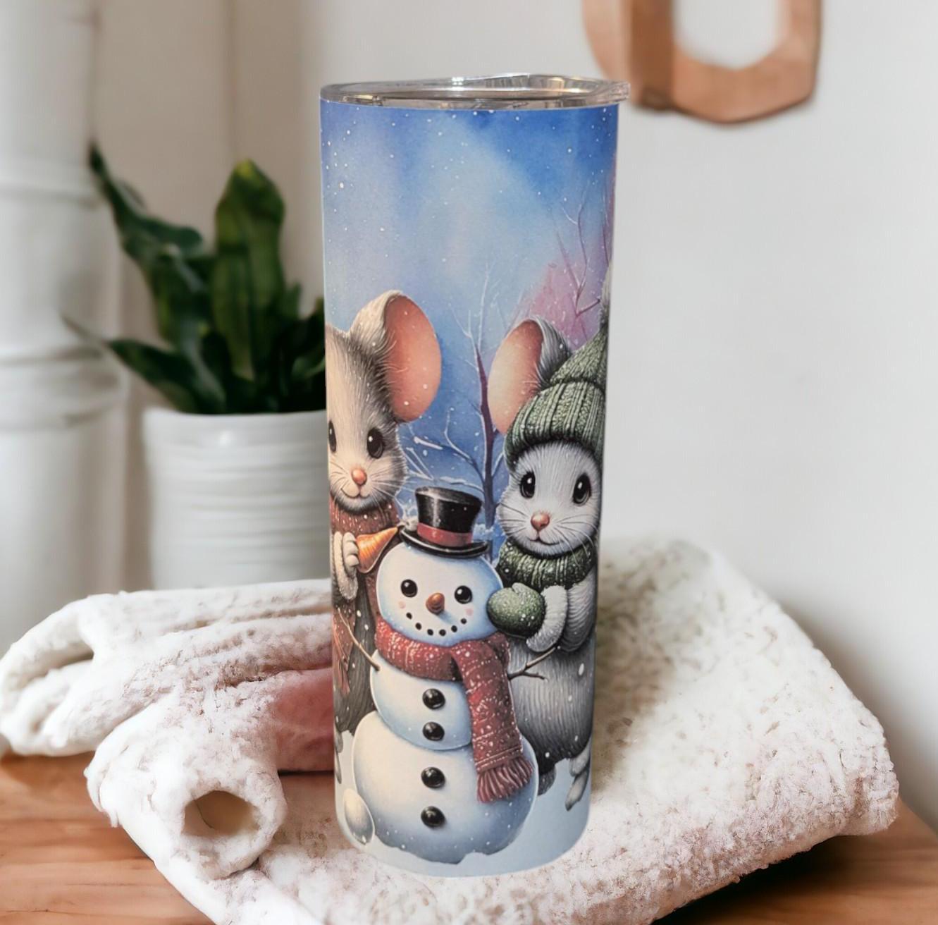 Winter Mouse/Mice Tumbler 20oz With Reusable Straw, Can Be Personalized