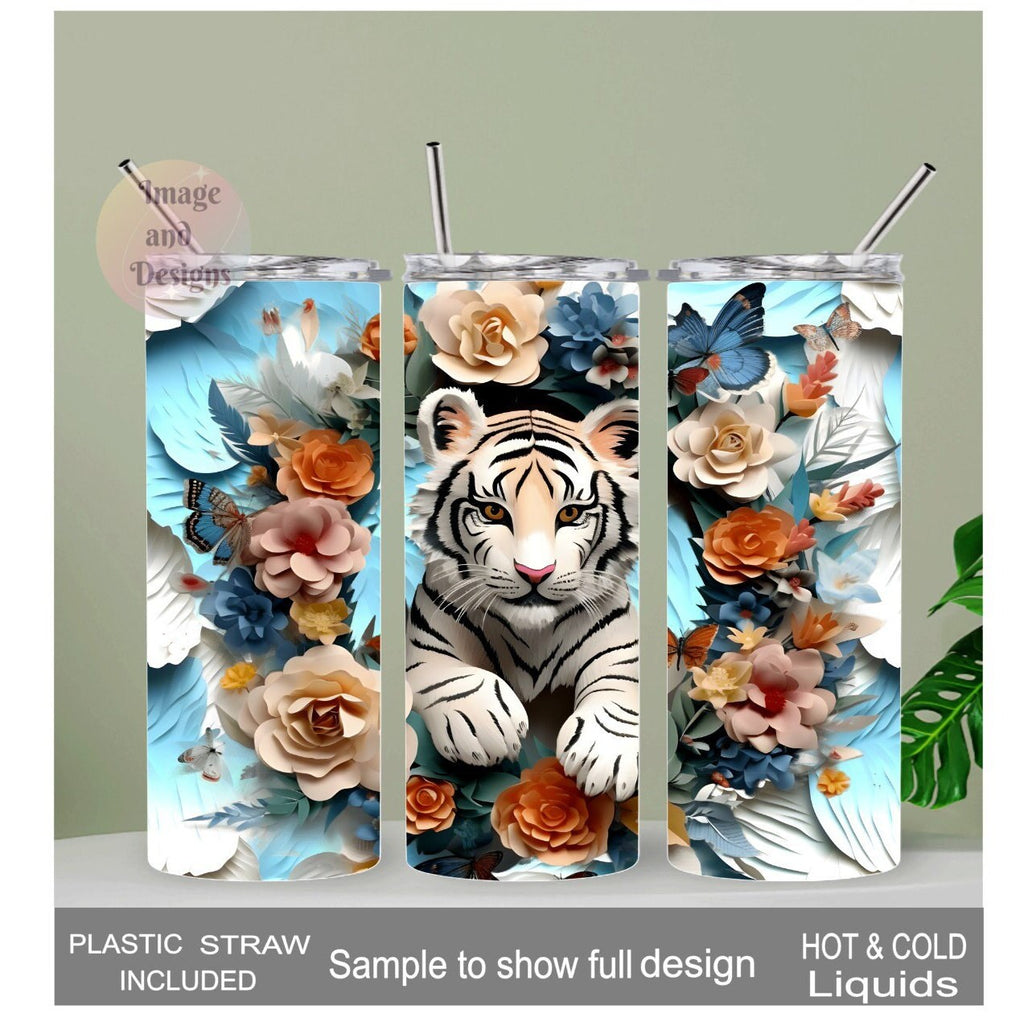 3D White Tiger Design Tumbler 20oz With Reusable Straw, Can Be Personalized
