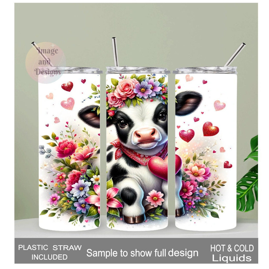 Floral Cow Tumbler 20oz With Reusable Straw, Can Be Personalized