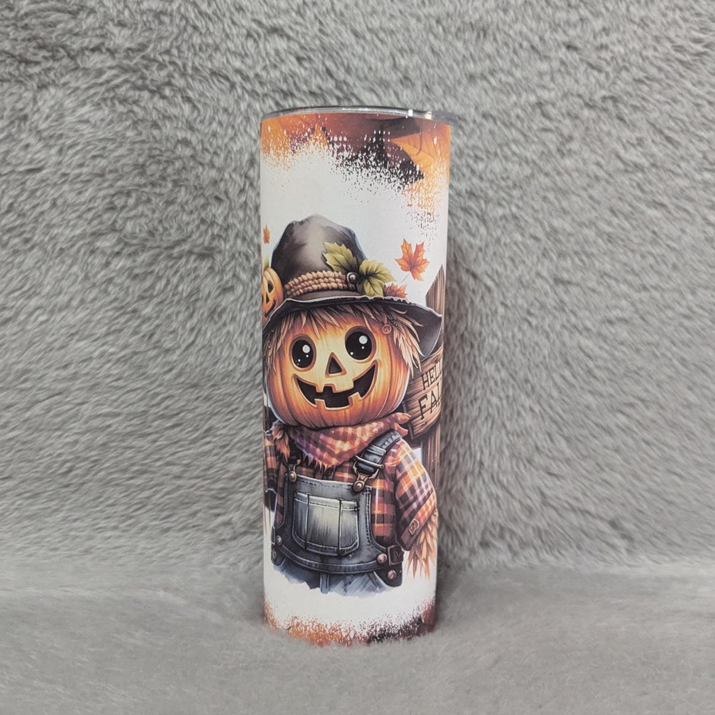 Scarecrow Tumbler With A Hello Fall Sign 20oz With Reusable Straw, Can Be Personalized