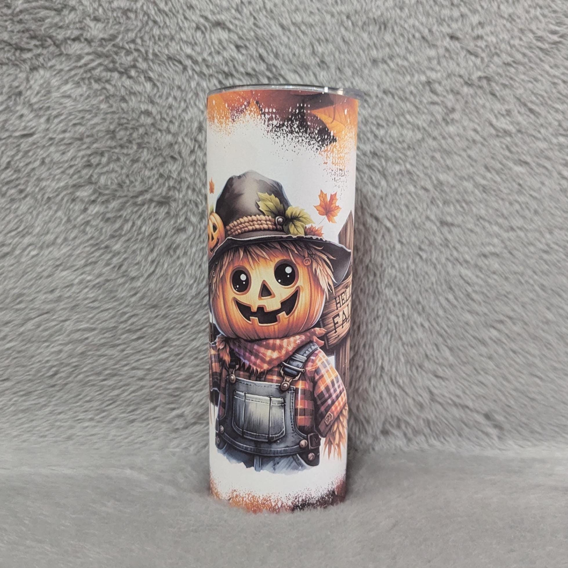 Scarecrow Tumbler With A Hello Fall Sign 20oz With Reusable Straw, Can Be Personalized