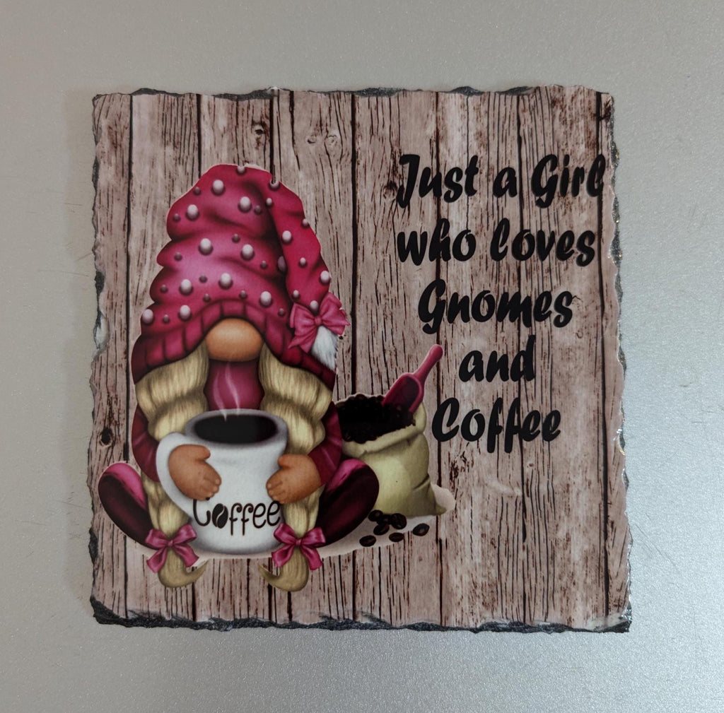 Just A Girl Who Loves Gnomes and Coffee Slate Picture With Display Legs