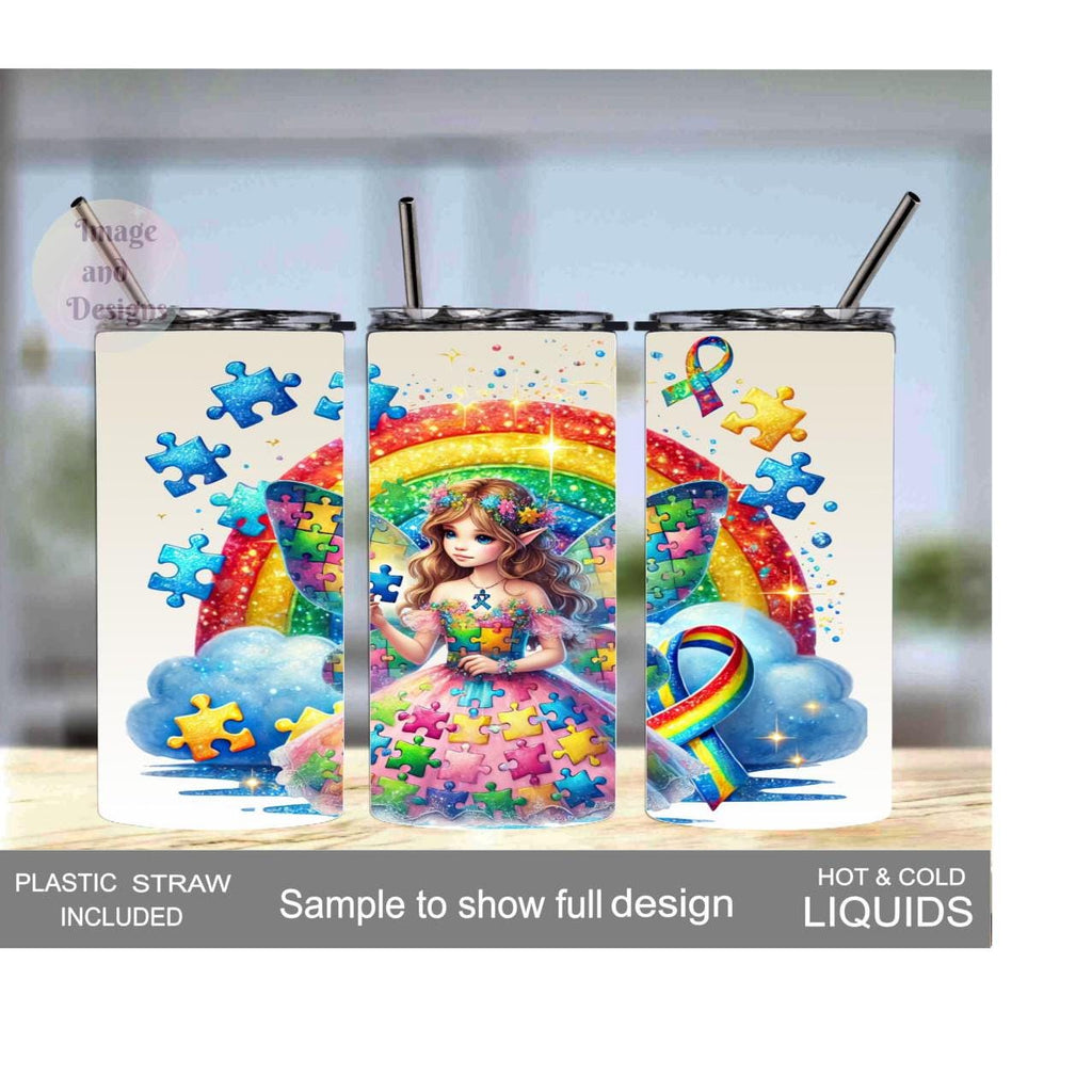 Autism Awareness Tumbler With A Pretty Fairy 15oz With Reusable Straw, Can Be Personalized