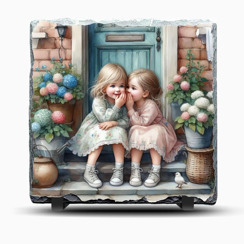 Two Little Girls Sharing Secrets - Slate Picture With Display Legs