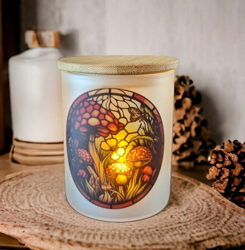 Mushroom Stained Glass Design Candle Holder with Flickering Tea Light