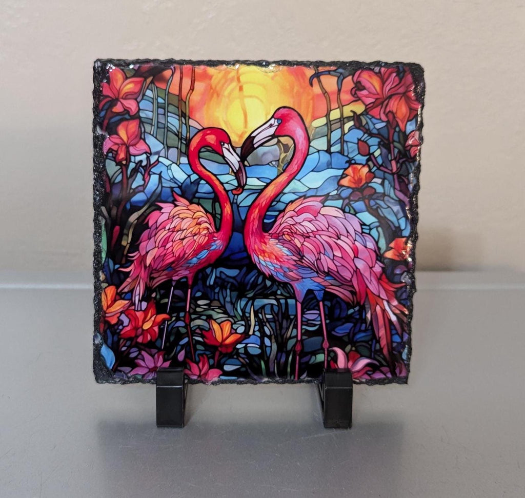 Pink Flamingo Slate Picture With Display Legs