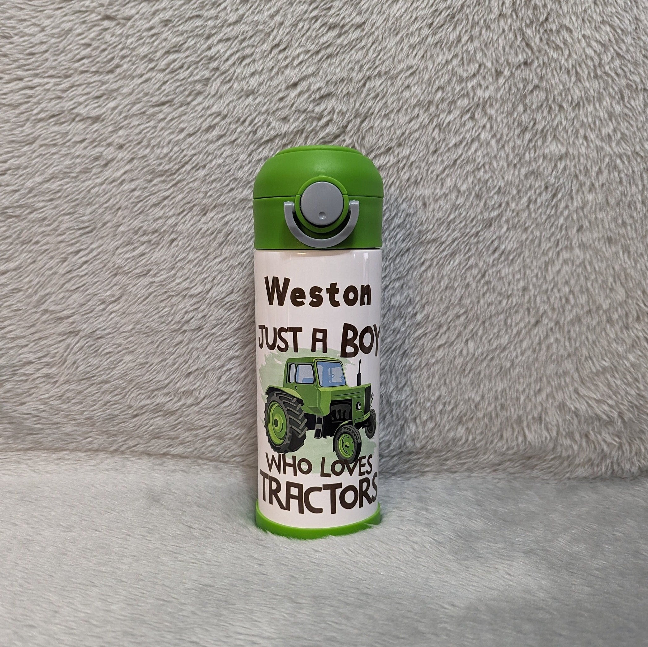 Kids Tractor Water Bottle  - Just A Boy Who Loves Tractors 12oz With Reusable Straw, Can Be Personalized