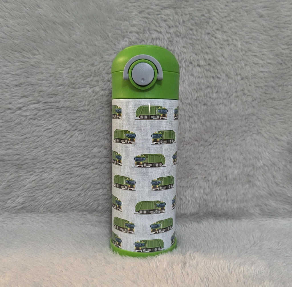 Kids Garbage Truck Water Bottle 12oz With Reusable Straw, Can Be Personalized