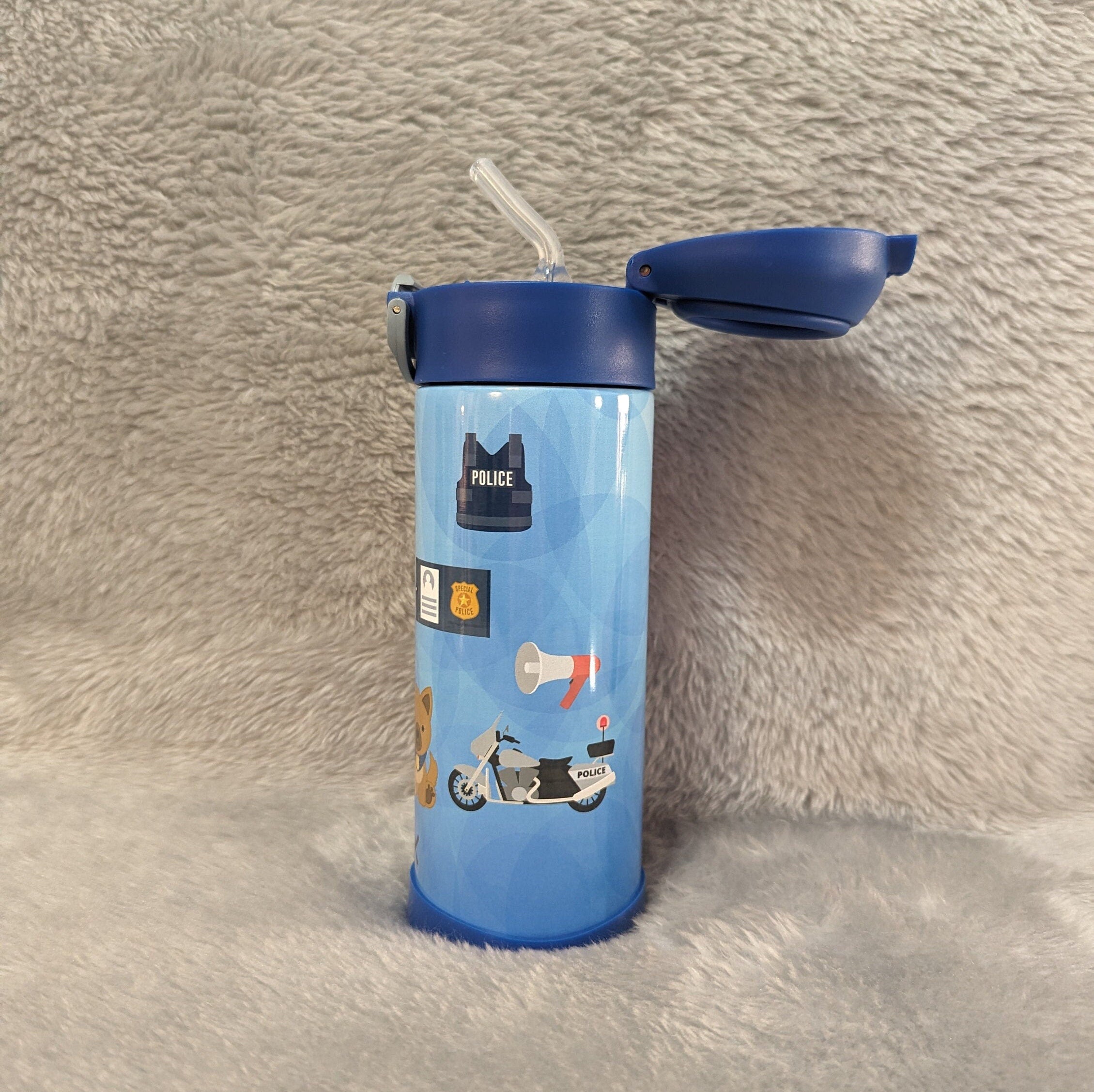 Kids Boy Cop Water Bottle 12oz With Reusable Straw Can Be Personalized