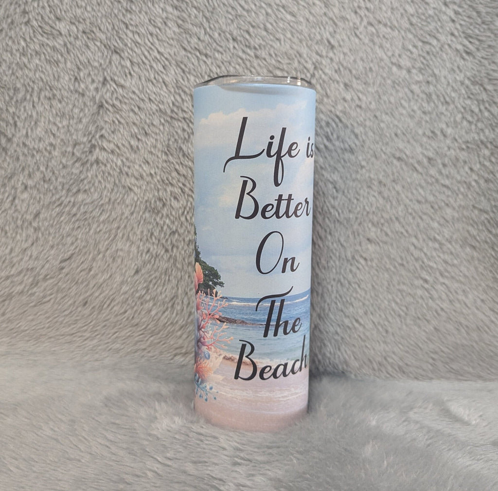 Life Is Better On The Beach Beach Tumbler 20oz With Reusable Straw, Can Be Personalized