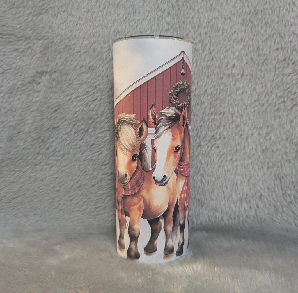 Christmas Winter Ponies Tumbler 20oz With Reusable Straw, Can Be Personalized