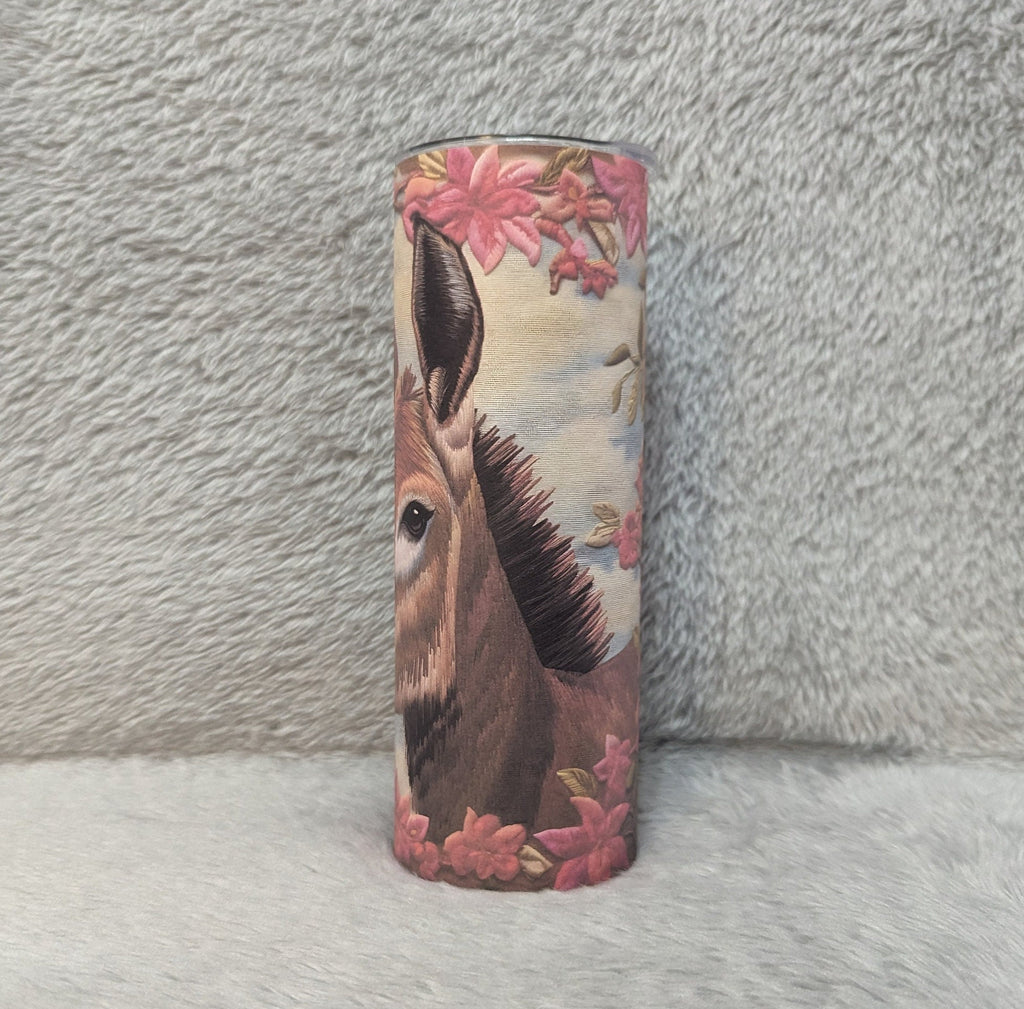 Donkey Tumbler With Flowers and A Embroidered Design 20oz With Reusable Straw, Can Be Personalized