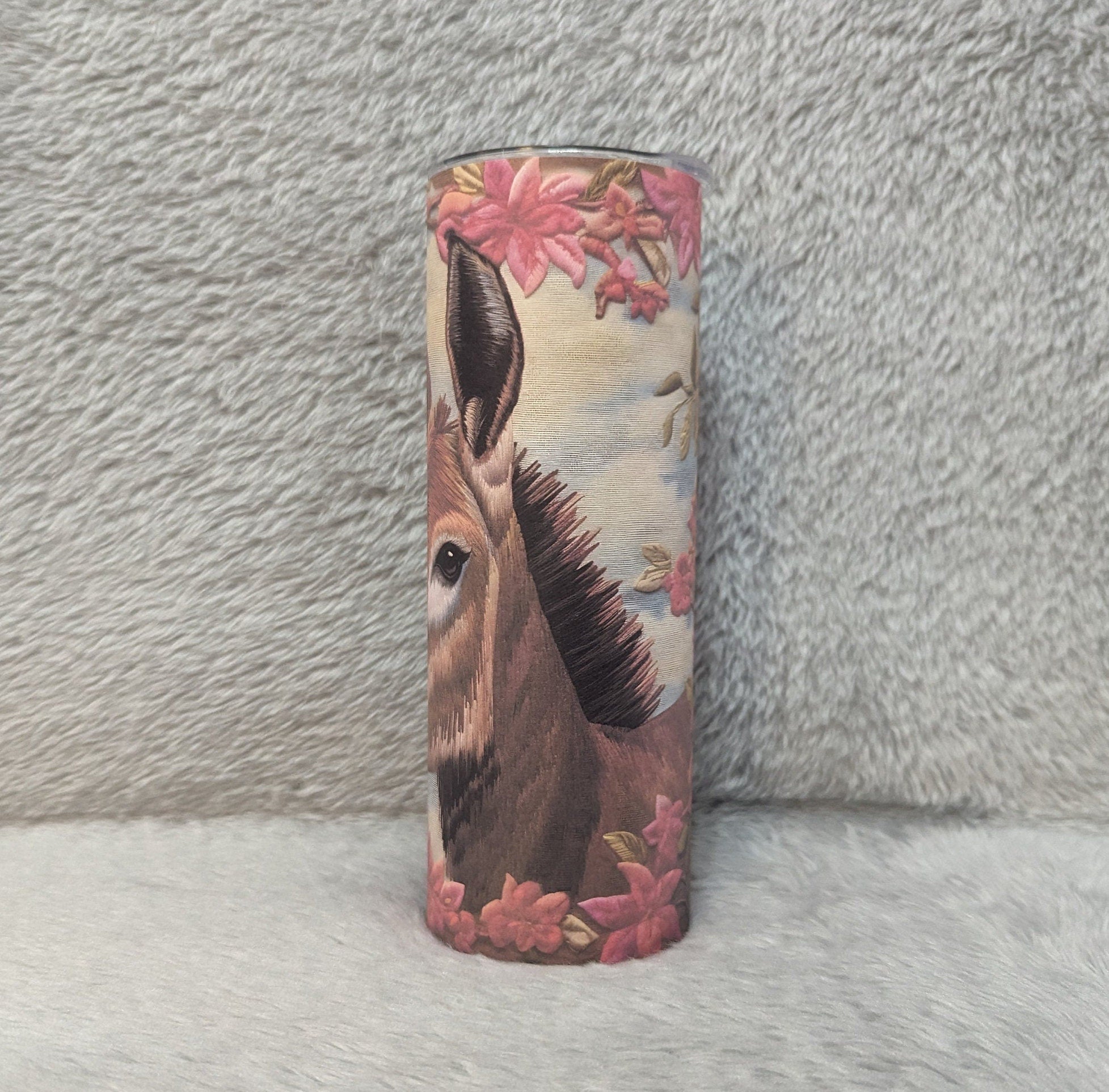 Donkey Tumbler With Flowers and A Embroidered Design 20oz With Reusable Straw, Can Be Personalized