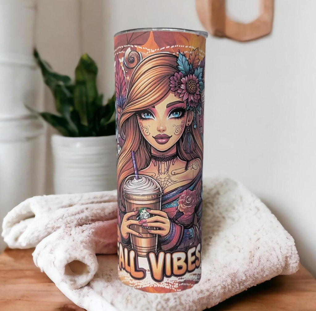 Fall Vibes Girl Tumbler 20oz With Reusable Straw, Can Be Personalized