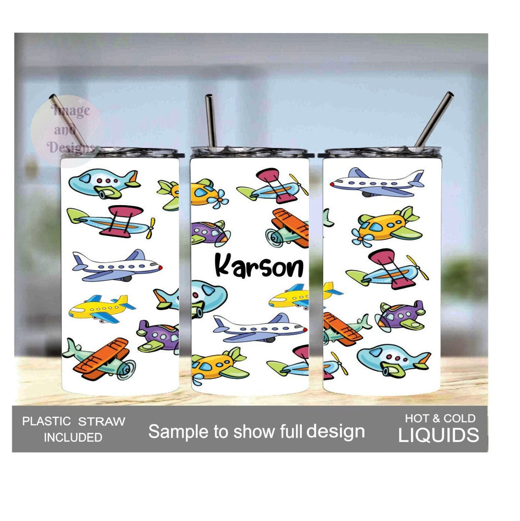 Kids Airplane Tumbler 15oz With Reusable Straw, Can Be Personalized