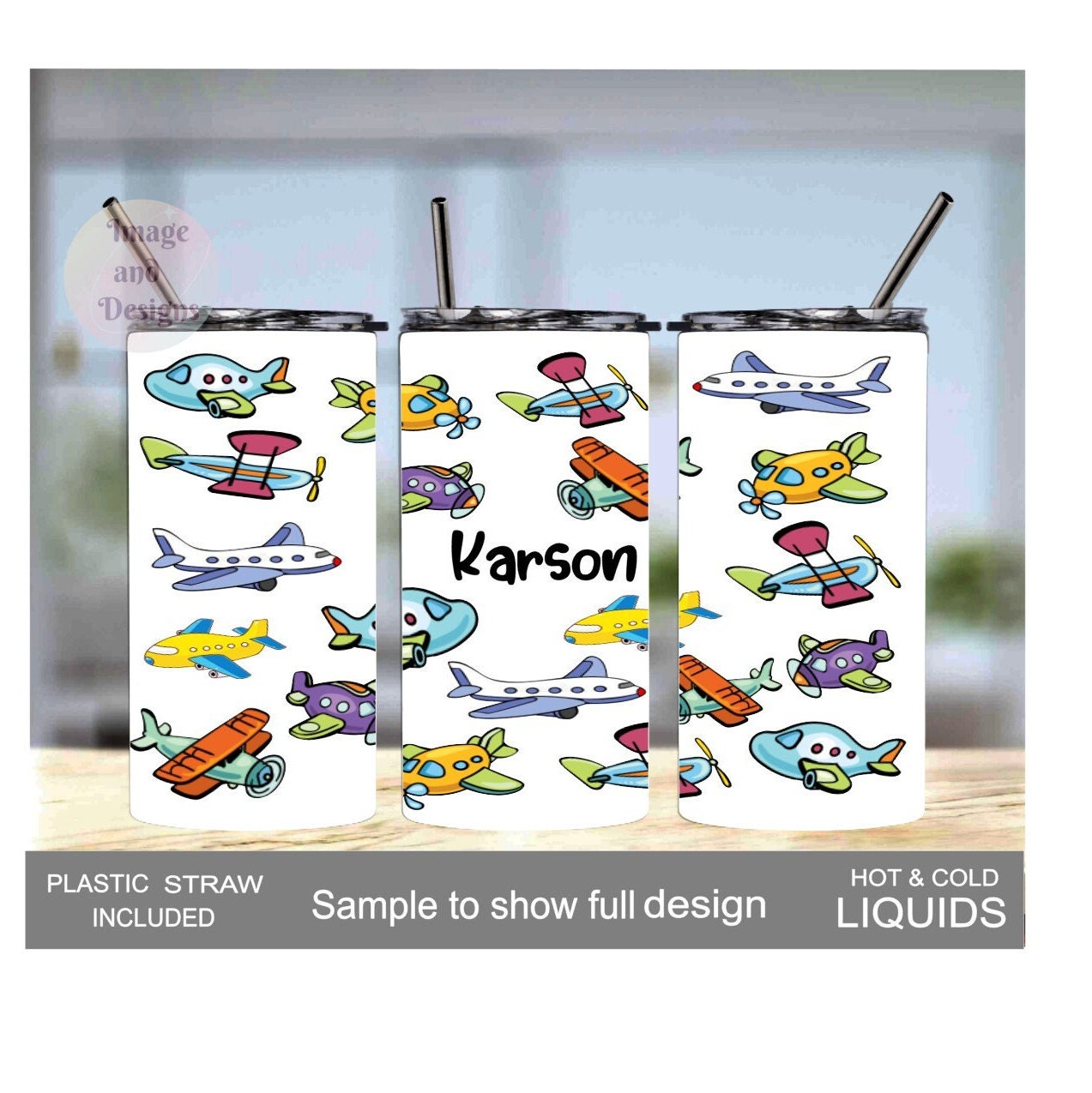 Kids Airplane Tumbler 15oz With Reusable Straw, Can Be Personalized