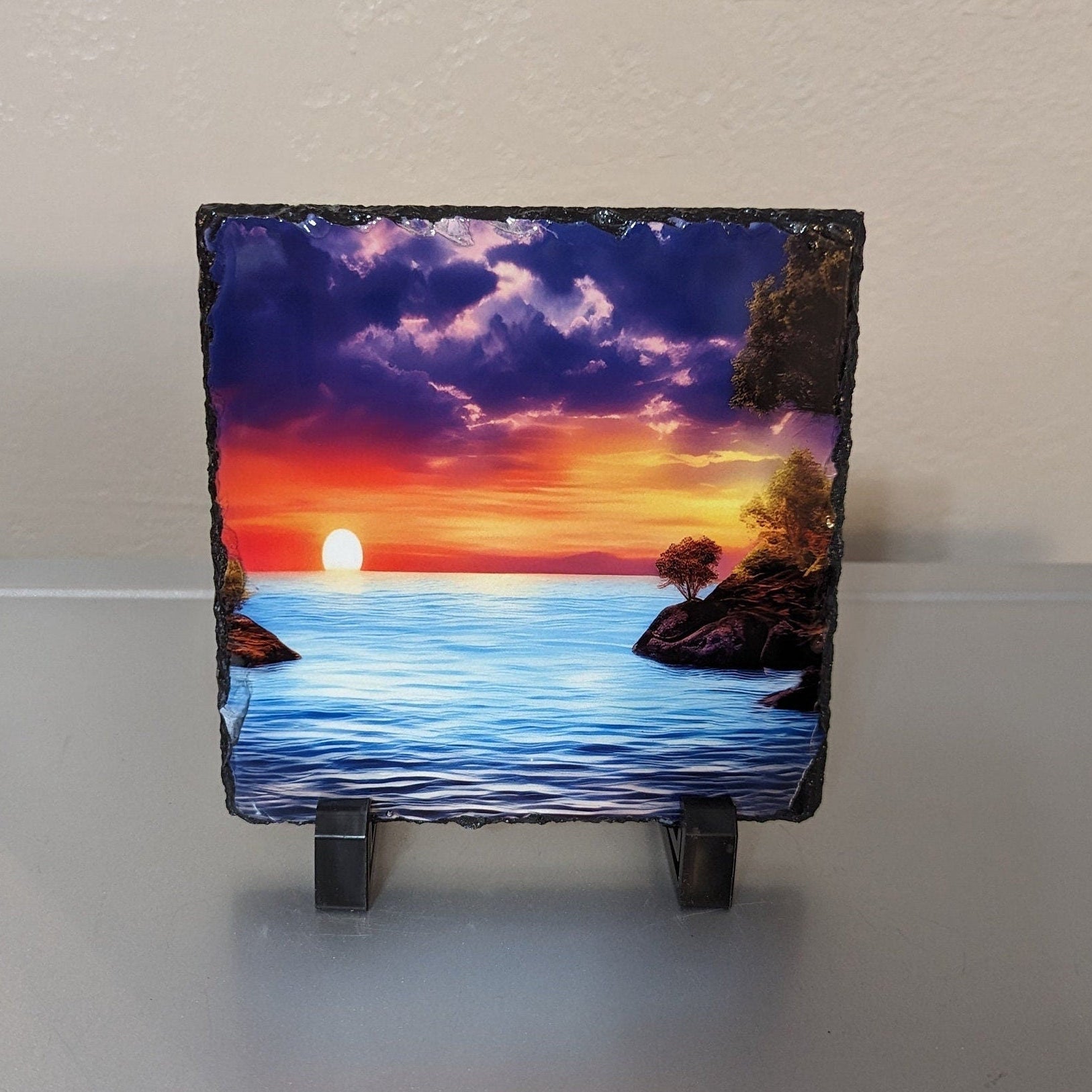 Stunning Sunset on the Water Slate Picture With Display Legs