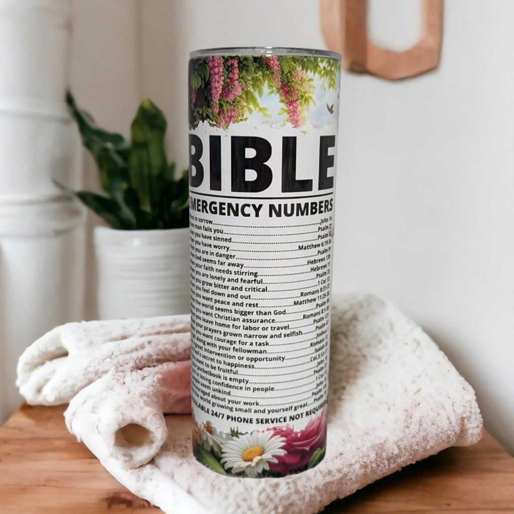 Bible Emergency Numbers Chapters Tumbler 20oz With Reusable Straw