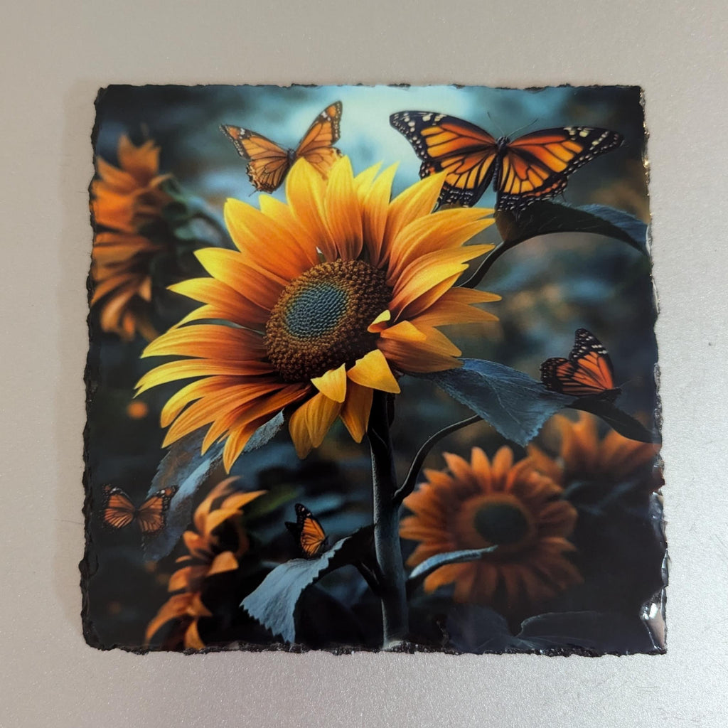 Sunflower and Butterflies Slate Picture With Display Legs
