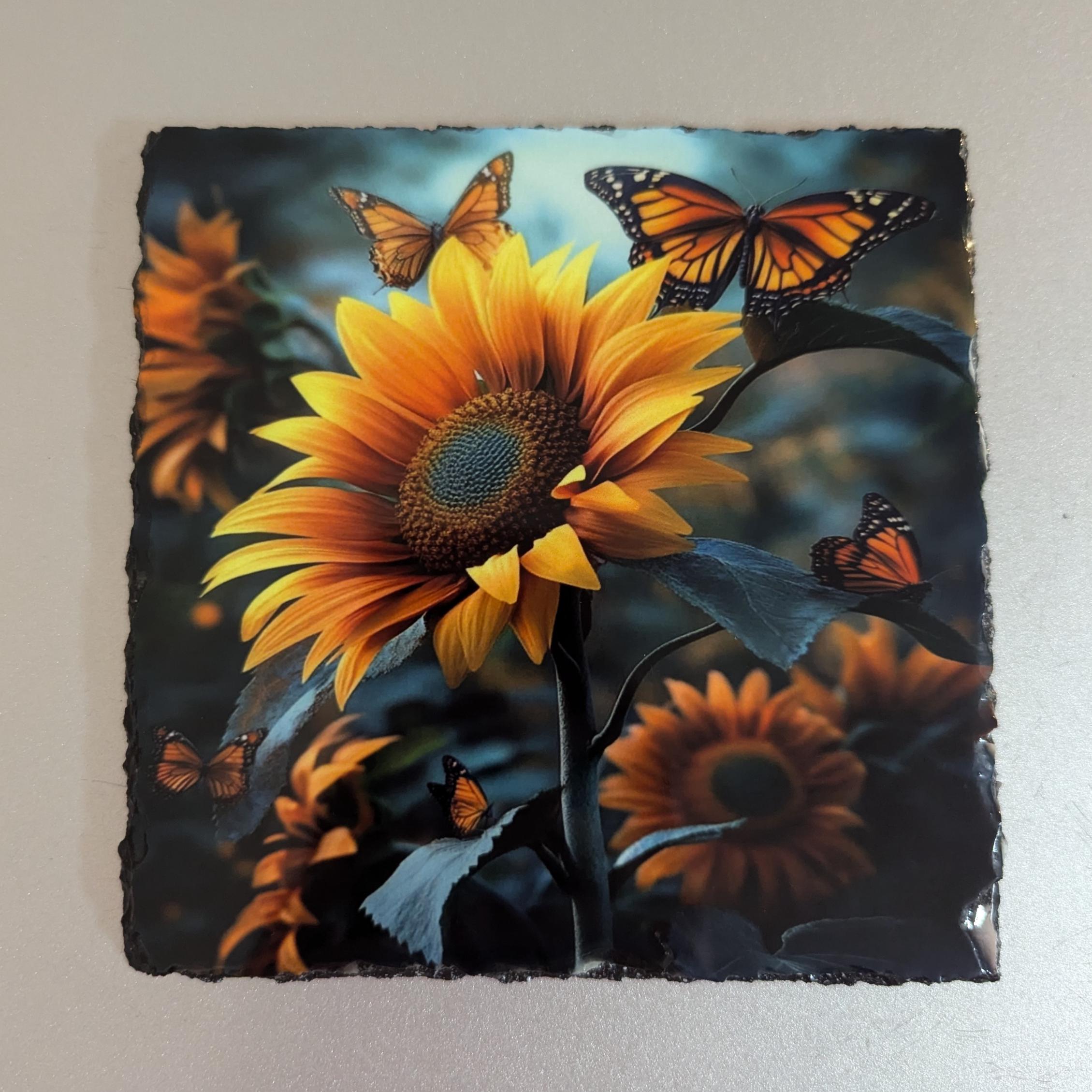 Sunflower and Butterflies Slate Picture With Display Legs