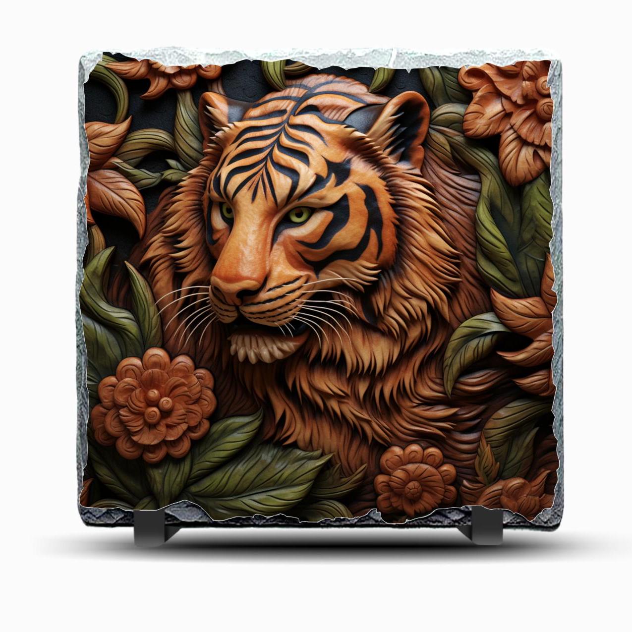Slate Tiger Picture With A Carved Wood Look Design Also Includes Display Legs