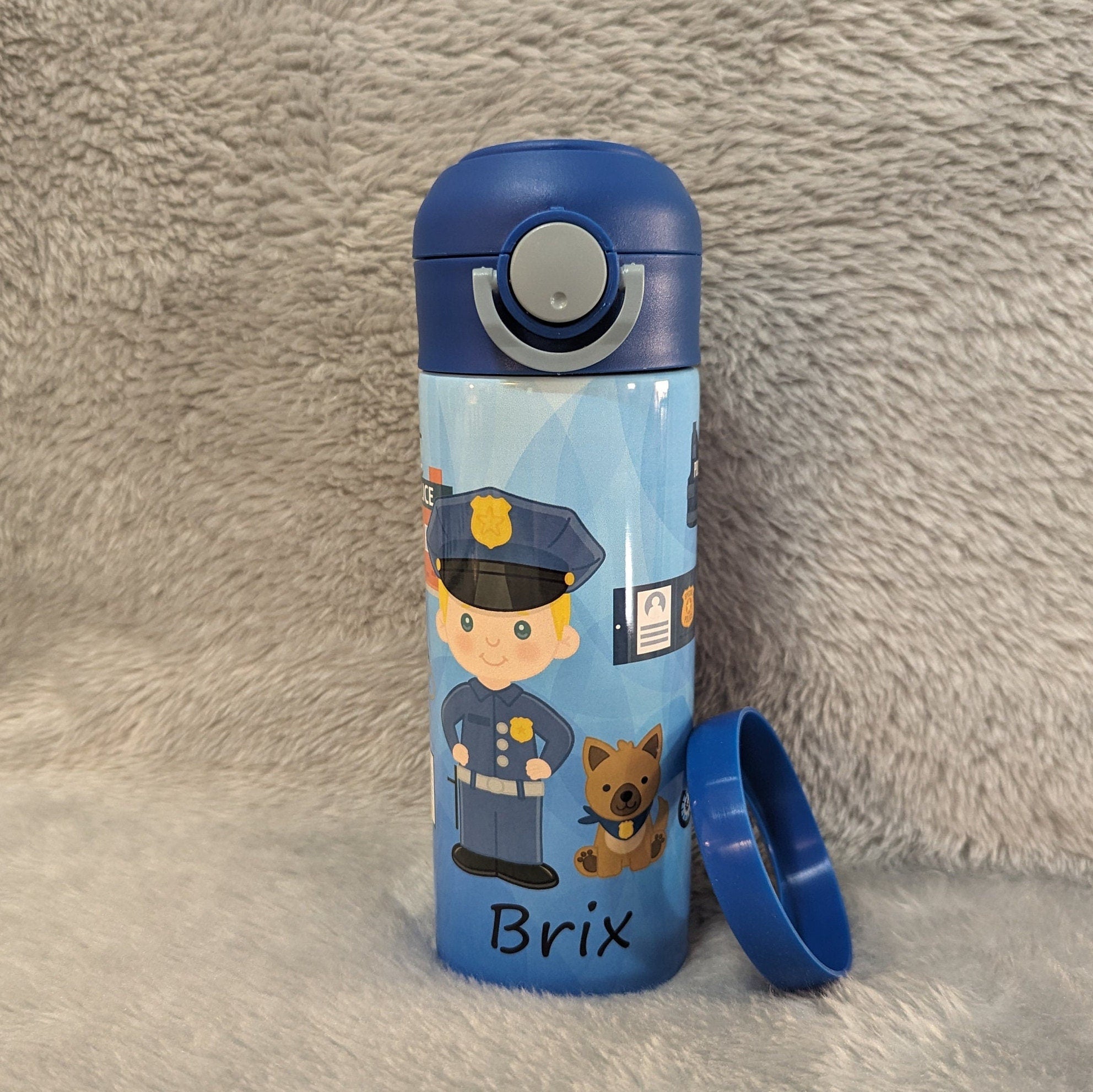 Kids Boy Cop Water Bottle 12oz With Reusable Straw Can Be Personalized