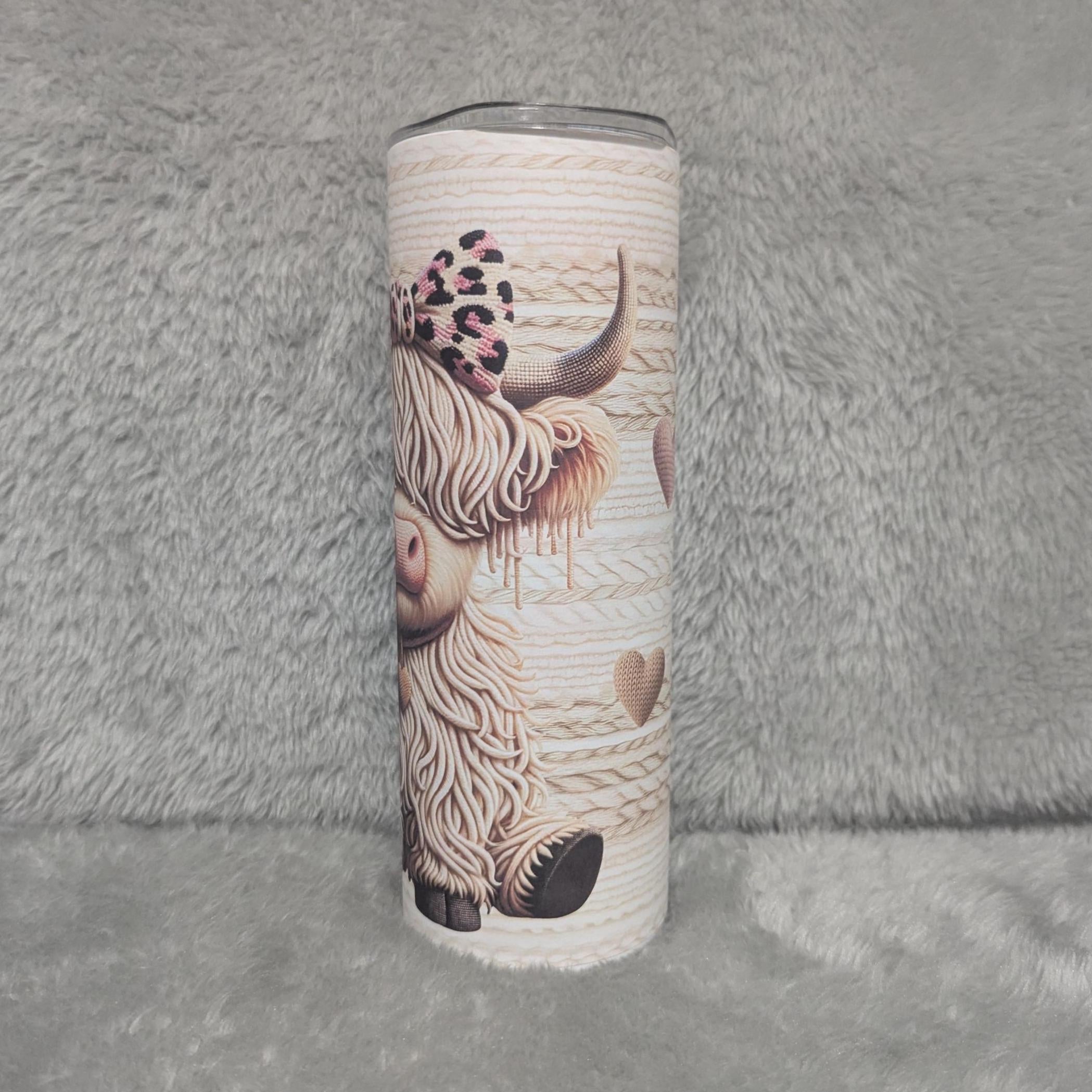 Faux Yarn Design Highland Cow Tumbler 20oz With Reusable Straw, Can Be Personalized