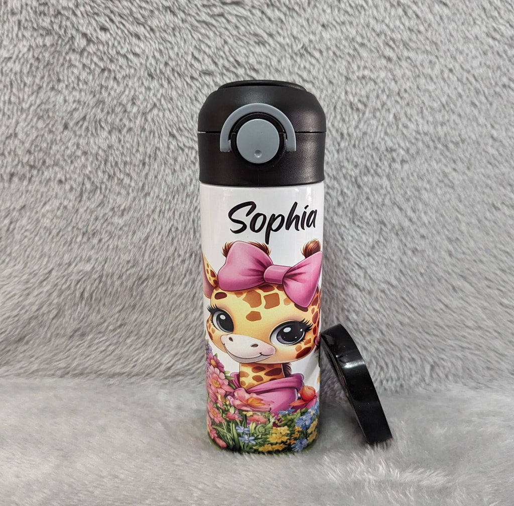 Girl Giraffe Water Bottle 12oz With Reusable Straw Can Be Personalized