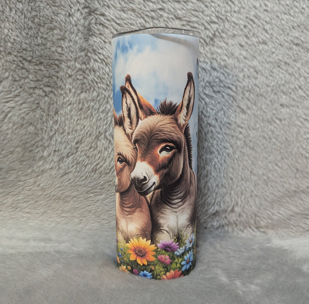 Pretty Donkey Tumbler with Flowers and Butterflies 20oz With Reusable Straw, Can Be Personalized