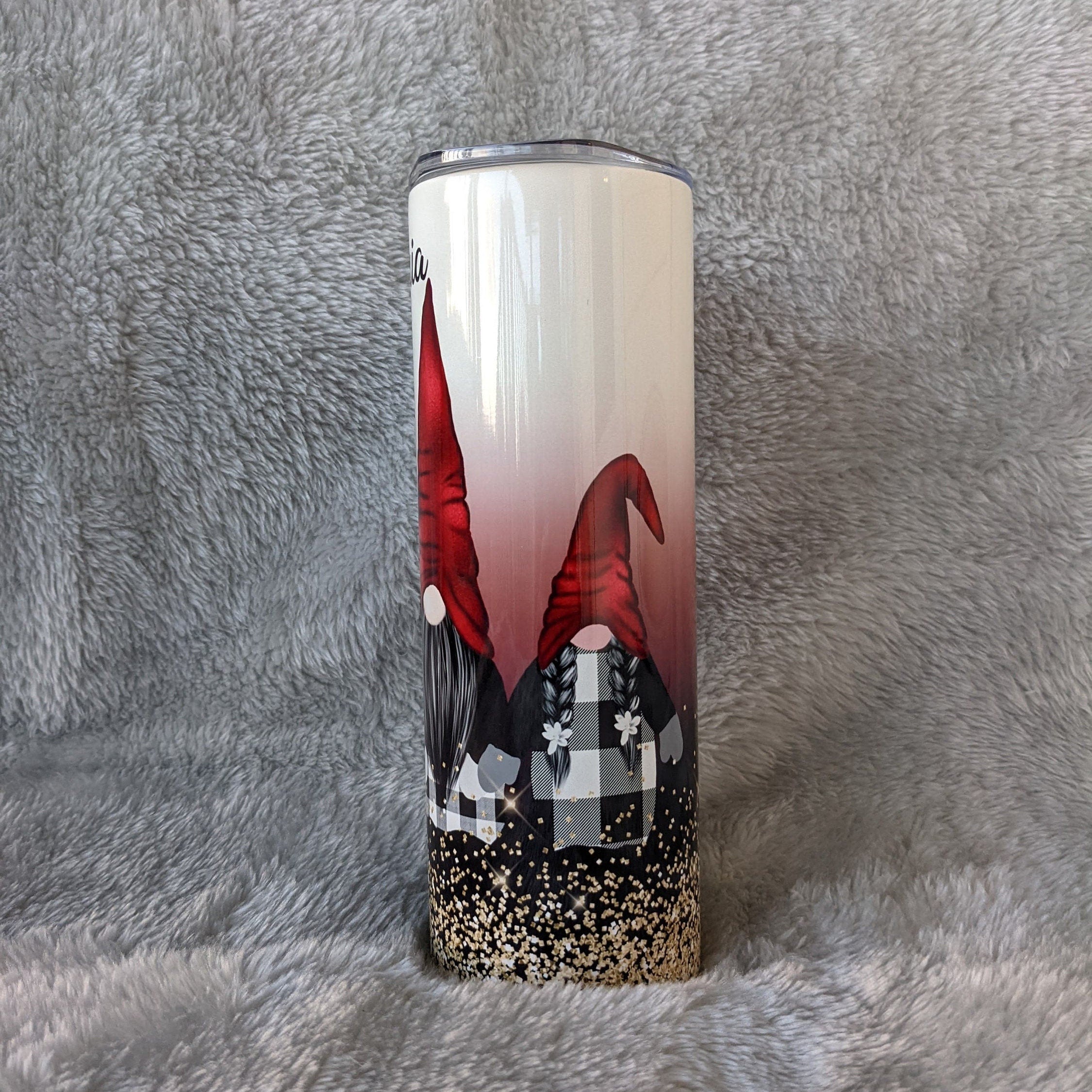 Pretty Gnome Tumbler With Four Gnomes and A Glitter Design 20oz With Reusable Straw, Can Be Personalized