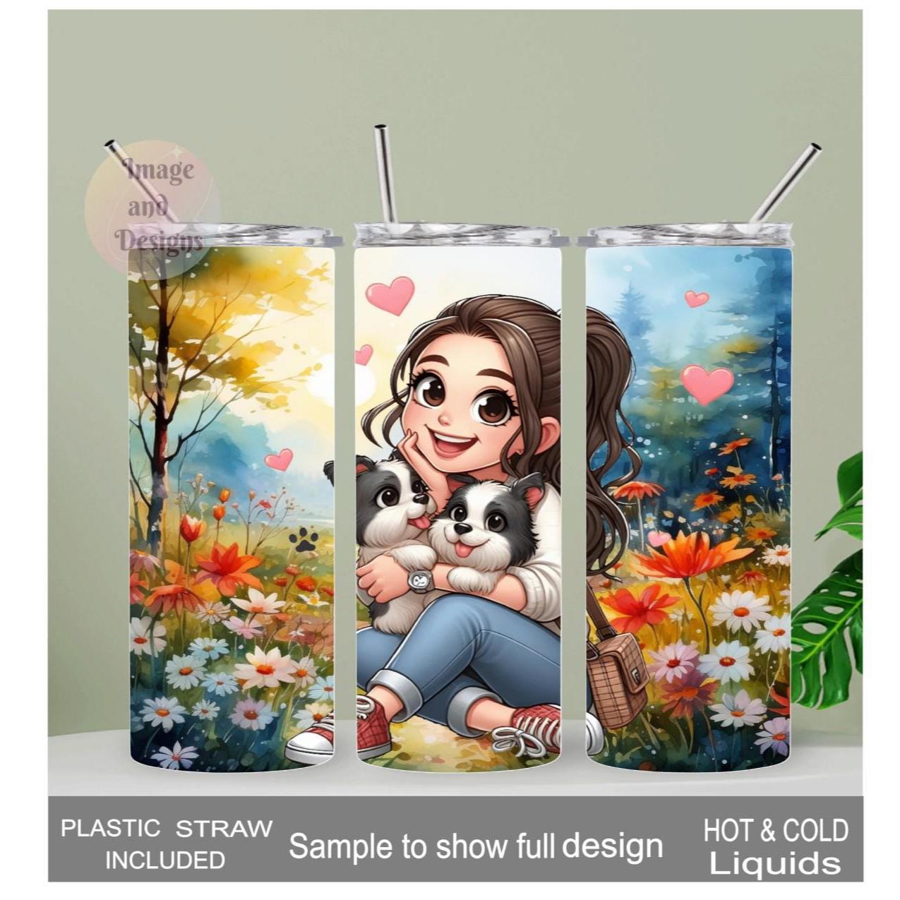 Adorable Girl with Puppies Tumbler 20oz With Reusable Straw, Can Be Personalized