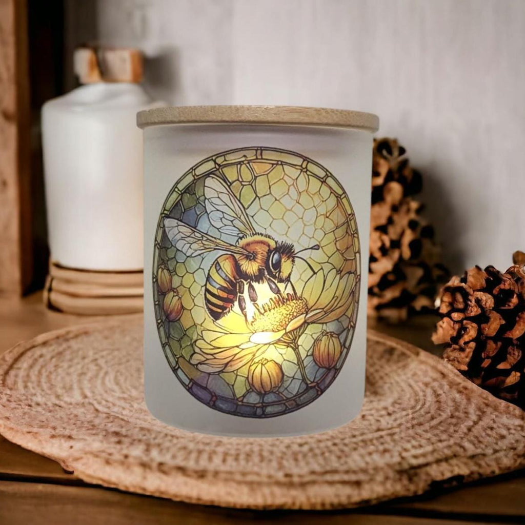 Bee Candle Holder With A Battery Operated Flickering Tea Light and A Stained Glass Design