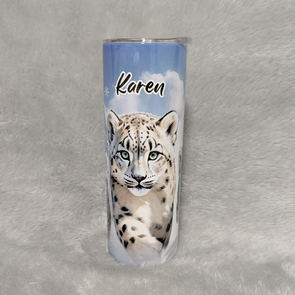 Snow Leopard Tumbler 20oz With Reusable Straw, Can Be Personalized
