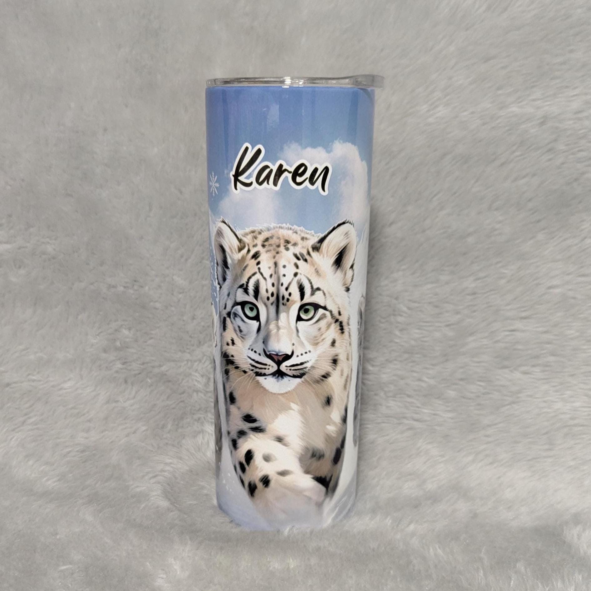 Snow Leopard Tumbler 20oz With Reusable Straw, Can Be Personalized