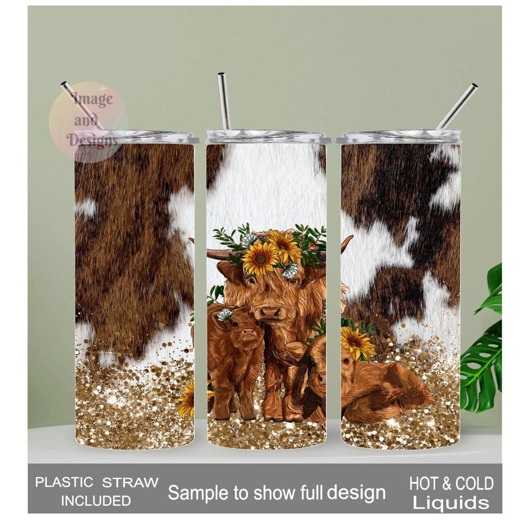 Highland Cow With Calves Tumbler 20oz With Reusable Straw, Can Be Personalized