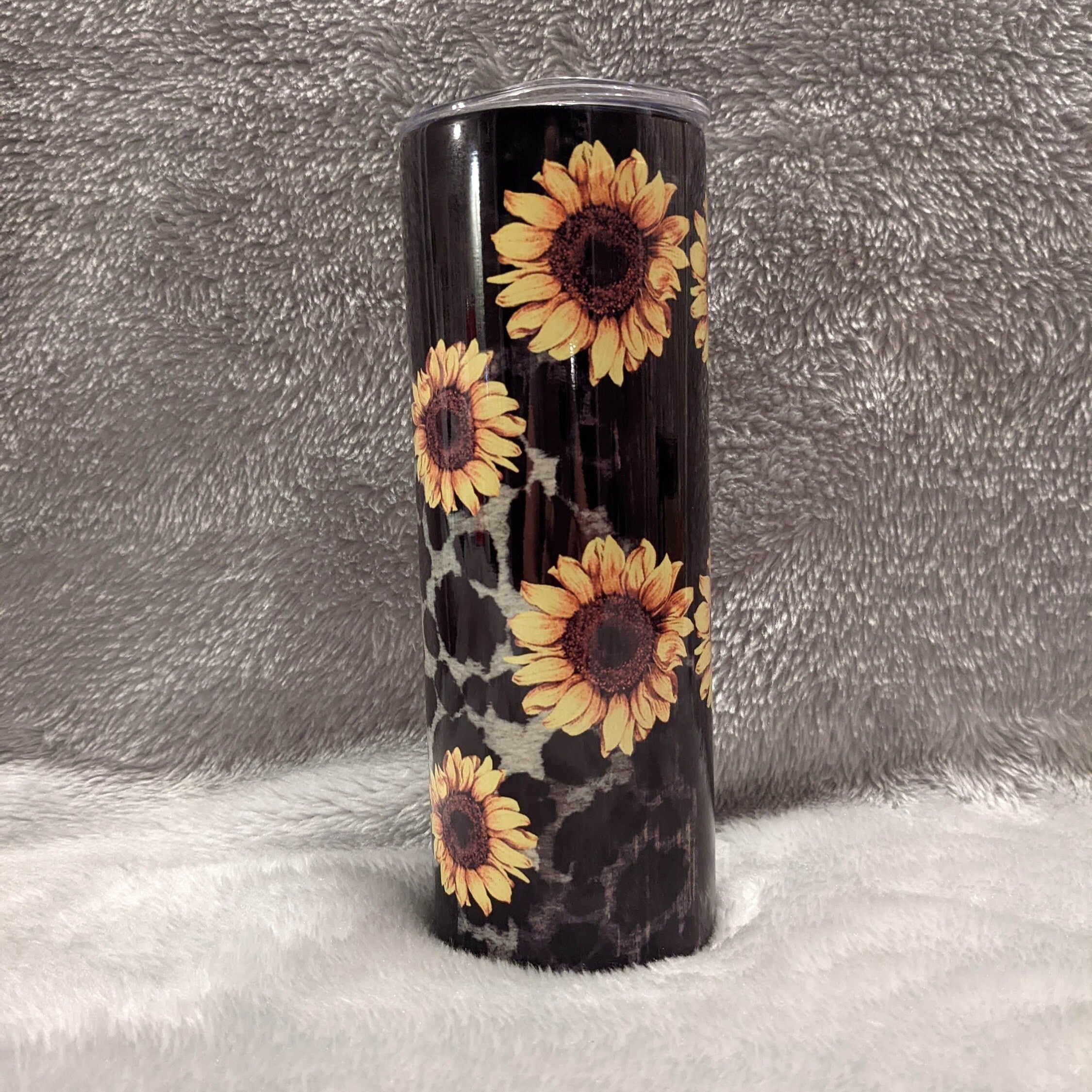 Sunflower Tumbler With A Leopard Print 20oz With Reusable Straw, Can Be Personalized