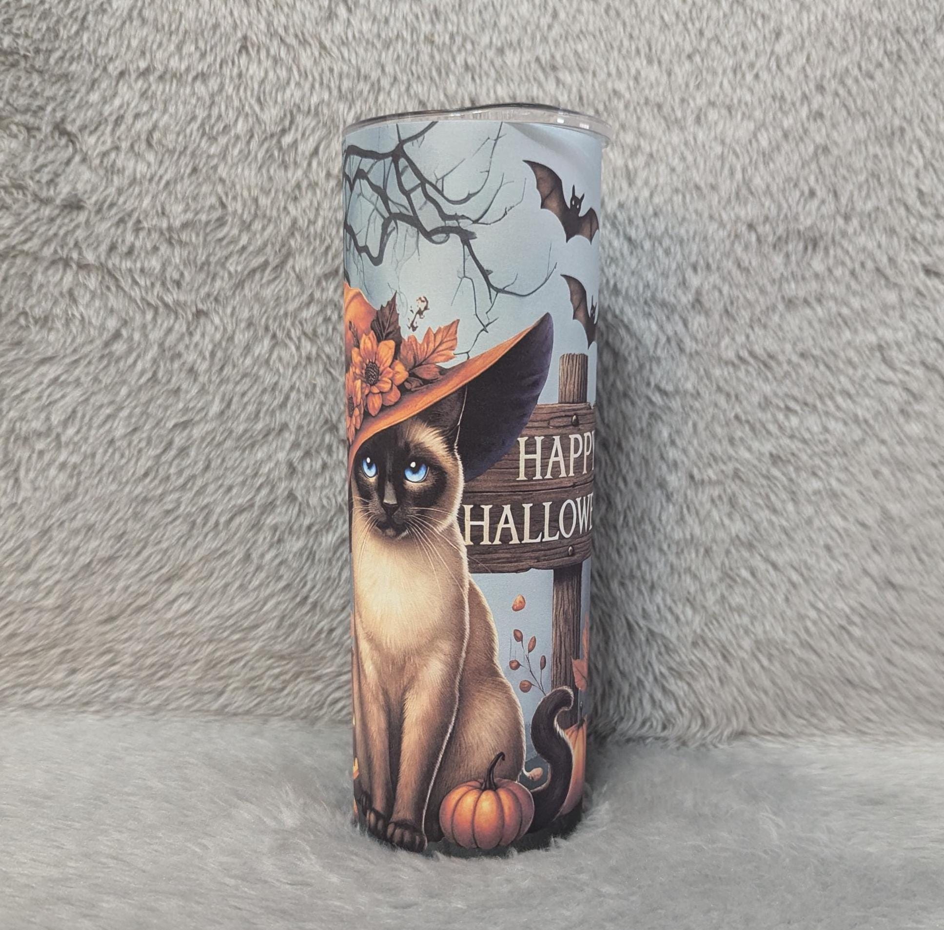 Happy Halloween Cat Tumbler 20oz With Reusable Straw, Can Be Personalized