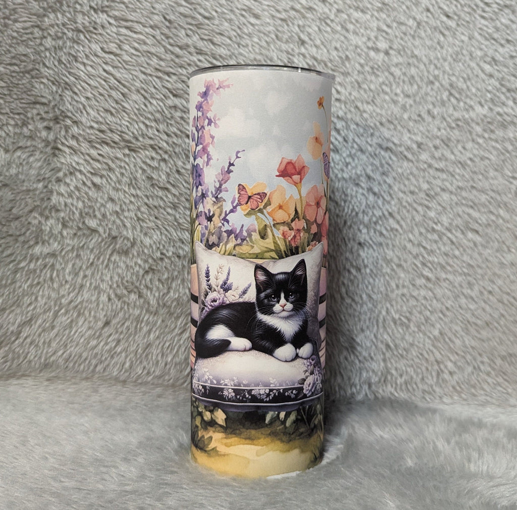 Cat Tumbler With A Cute Kitten Resting on A Bench 20oz With Reusable Straw, Can Be Personalized