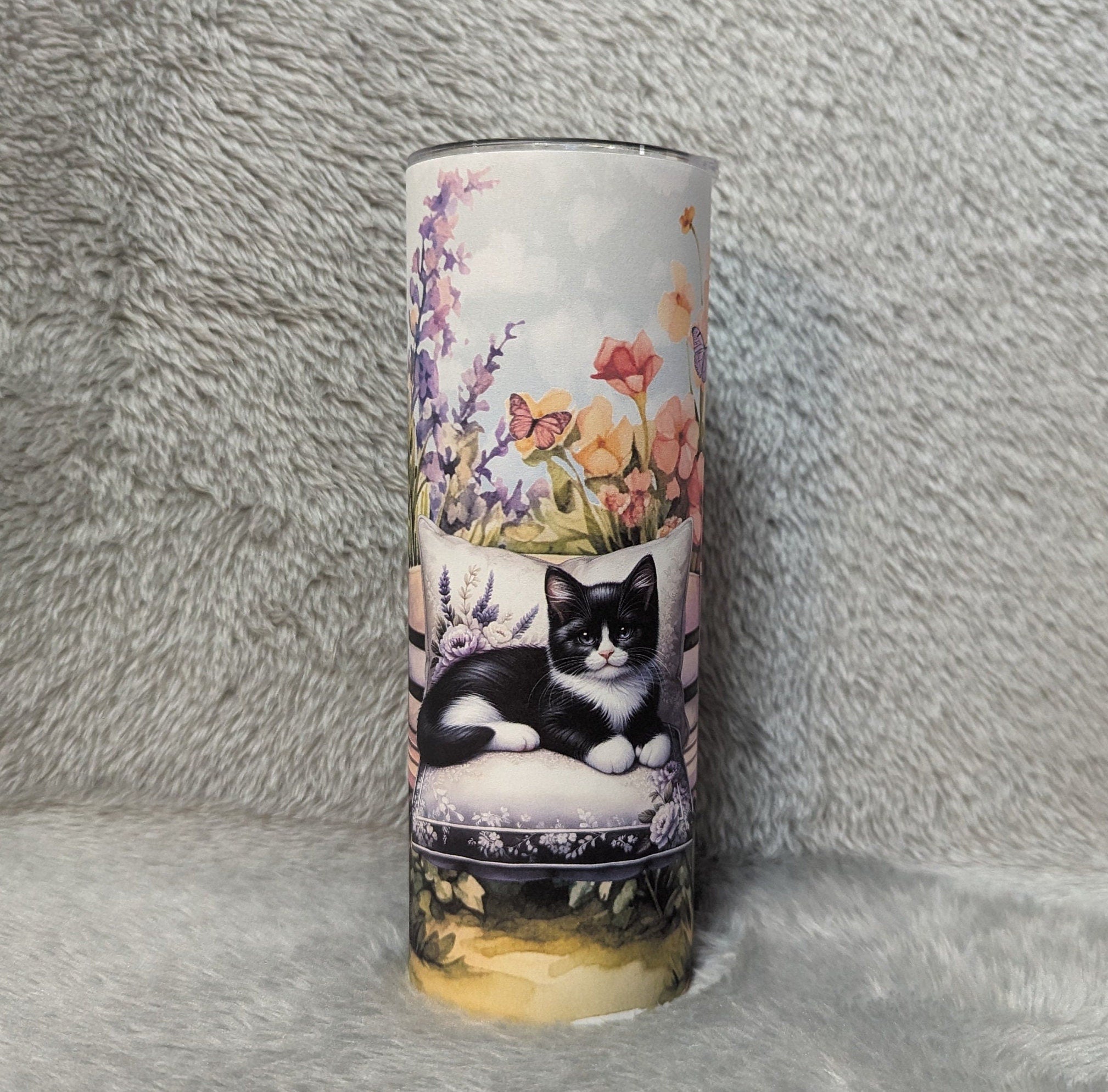Cat Tumbler With A Cute Kitten Resting on A Bench 20oz With Reusable Straw, Can Be Personalized