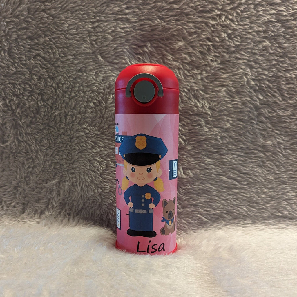 Kids Girl Cop Water Bottle 12oz With Reusable Straw, Can Be Personalized