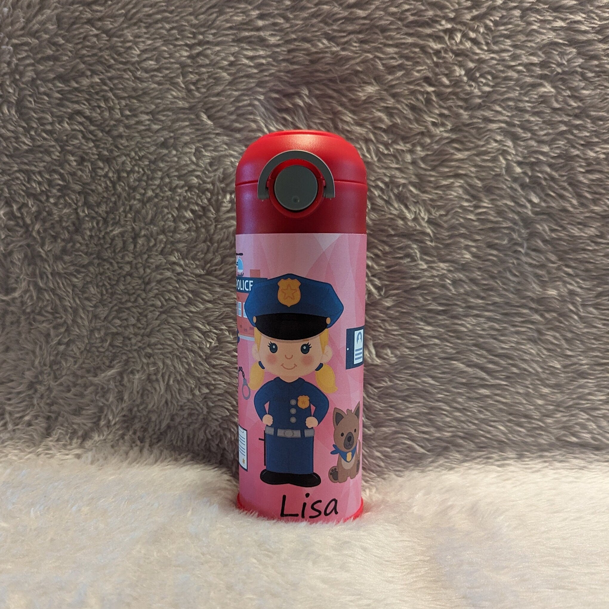 Kids Girl Cop Water Bottle 12oz With Reusable Straw, Can Be Personalized