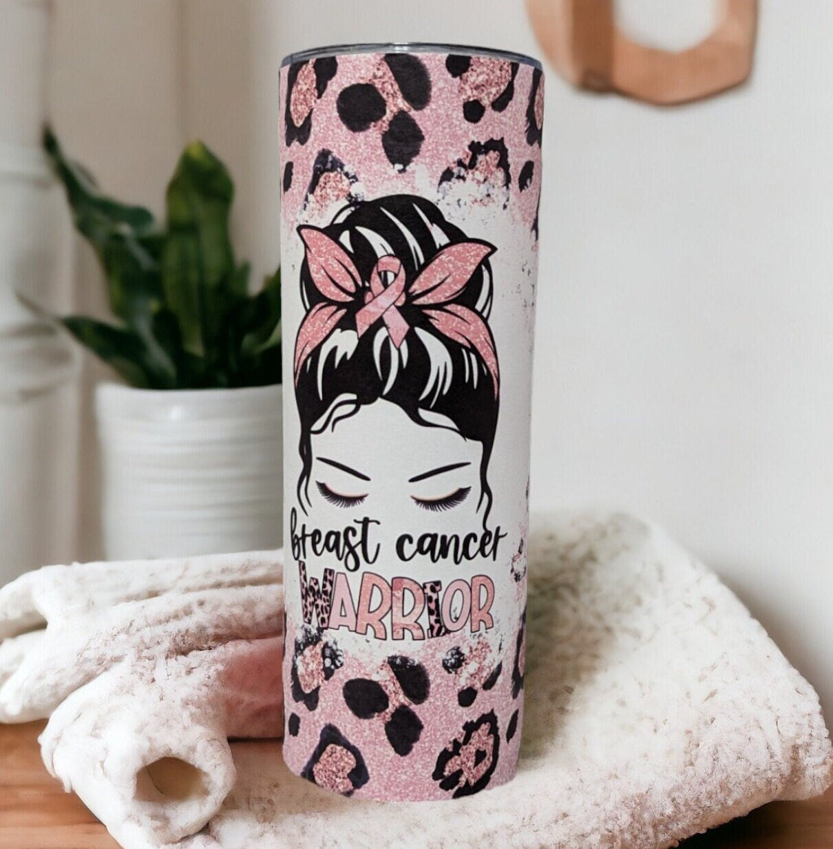Breast Cancer Warrior Tumbler With Leopard Print and A Glitter Design 20oz With Reusable Straw, Can Be Personalized