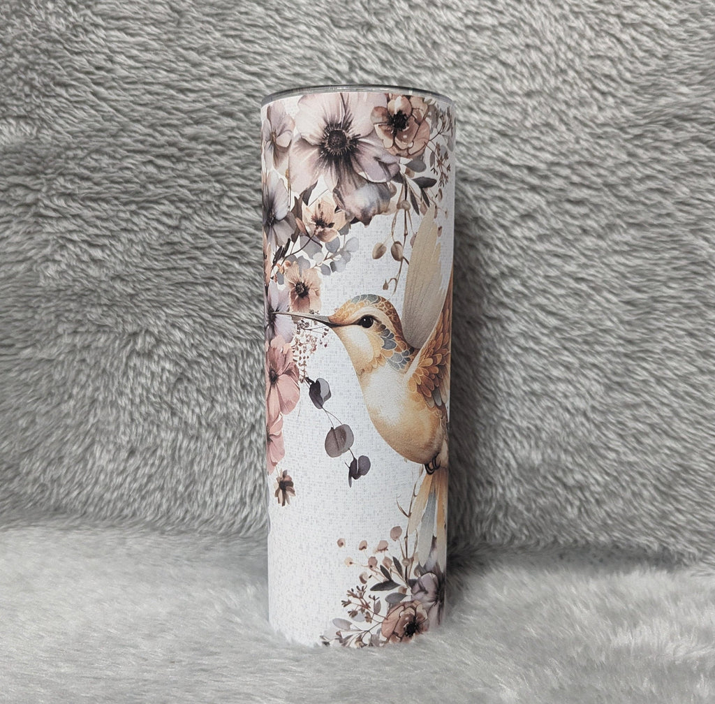 Hummingbird Tumbler with Boho Flowers 20oz With Reusable Straw, Can Be Personalized