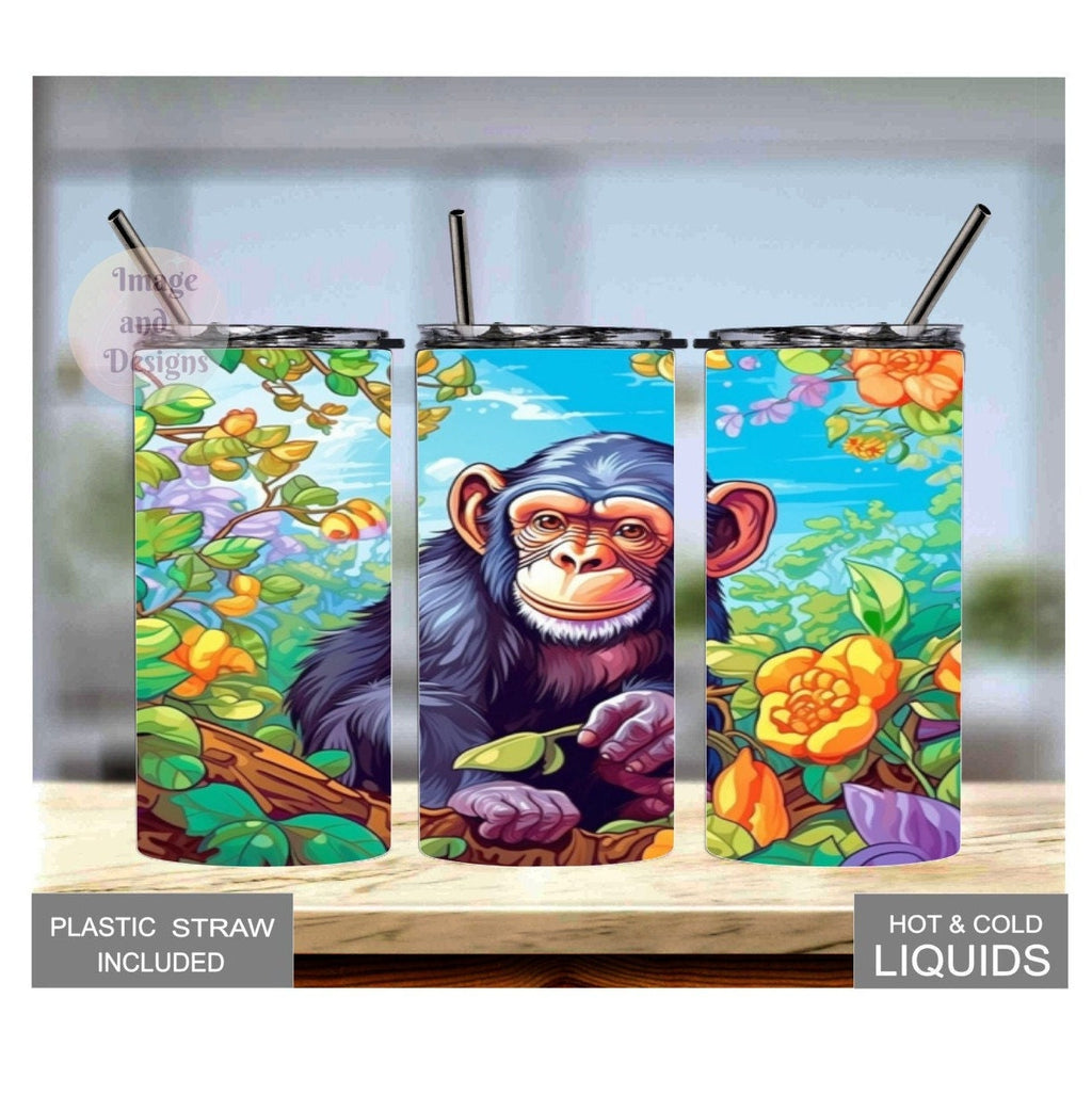 Kids Chimpanzee Tumbler 15oz With Reusable Straw, Can Be Personalized