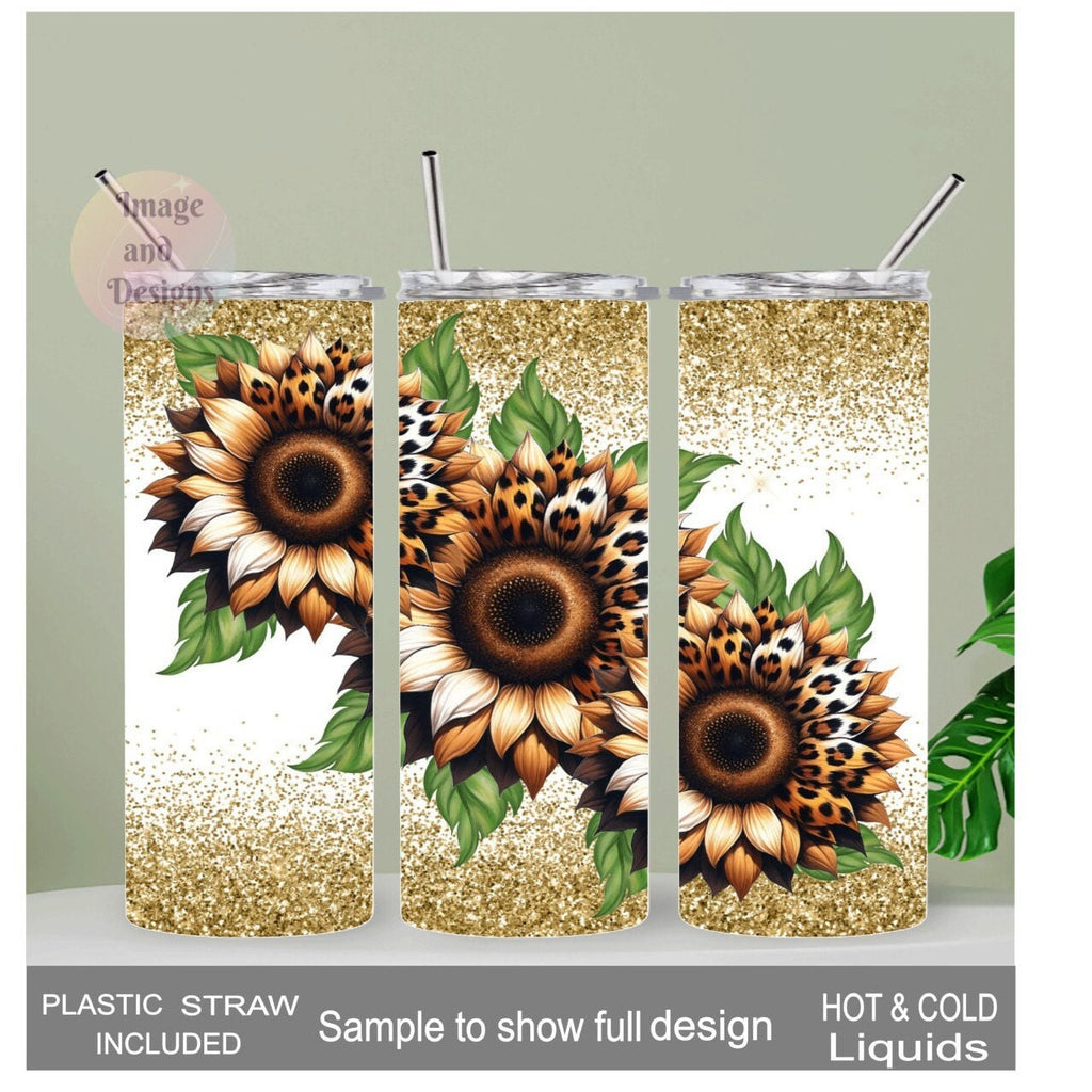 Sunflower Tumbler with A Glitter Design  20oz With Reusable Straw, Can Be Personalized