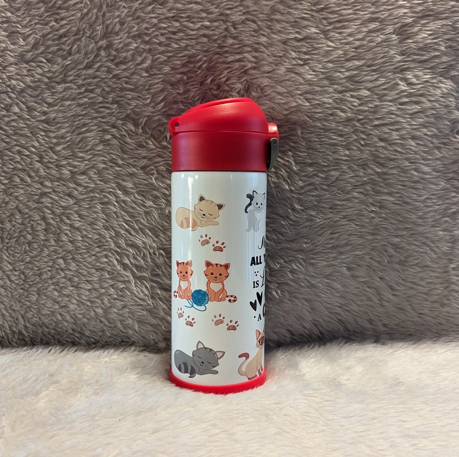 Kids Kitten Water Bottle 12oz With Reusable Straw, Can Be Personalized